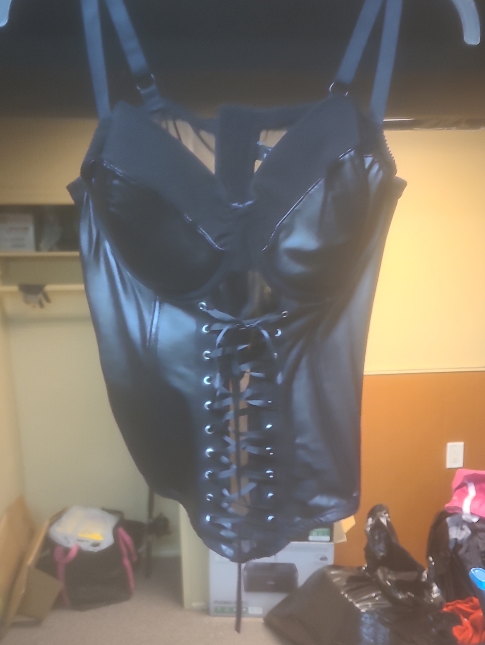 Black Faux Leather Lace-Up Bustier Corset Top with Adjustable Straps